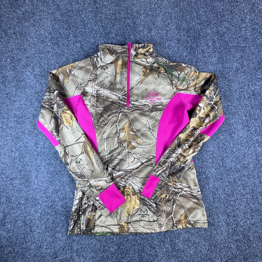 Realtree Xtra Sweatshirt Womens Small 34-36 Green Camo Fleece 1/4 Zip Thumbholes